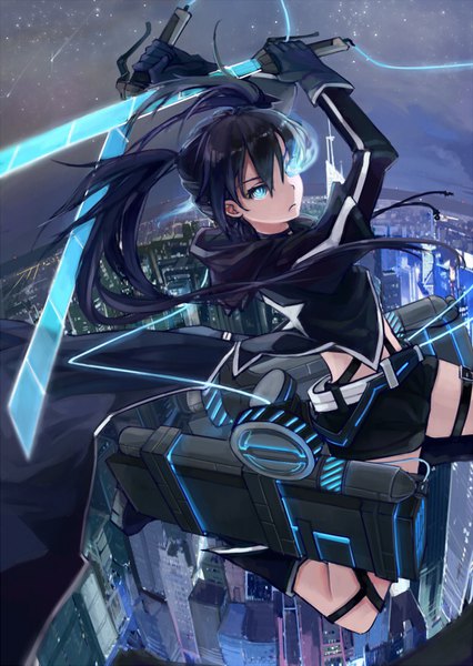 Anime picture 620x874 with shingeki no kyojin black rock shooter production i.g black rock shooter (character) spark (sandro) single long hair tall image looking at viewer fringe blue eyes black hair hair between eyes twintails holding payot bent knee (knees) outdoors night arms up