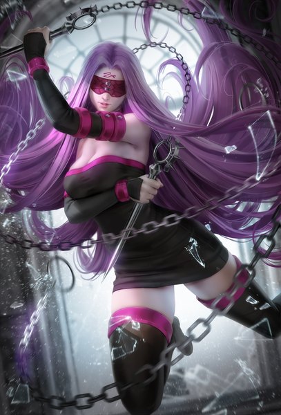 Anime-Bild 3390x5000 mit fate (series) fate/stay night rider zarory single tall image highres breasts light erotic large breasts holding absurdres purple hair bent knee (knees) very long hair parted lips arm up realistic zettai ryouiki thighs