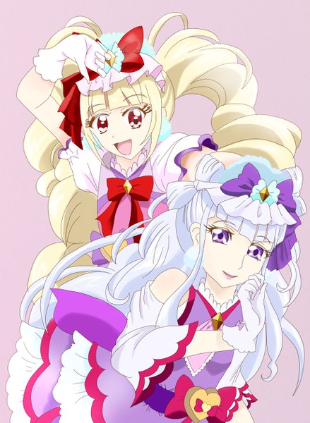 Anime picture 1838x2513 with precure hugtto! precure toei animation ruru amour aisaki emiru cure amour cure macherie 2 4 (artist) long hair tall image looking at viewer fringe highres open mouth simple background blonde hair smile red eyes purple eyes twintails