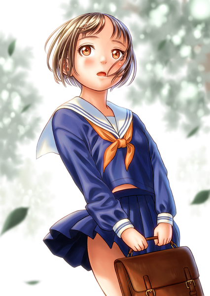 Anime picture 1303x1835 with original wadachitokakeru single tall image blush short hair open mouth brown hair standing holding brown eyes looking away outdoors pleated skirt wind wind lift girl skirt uniform miniskirt