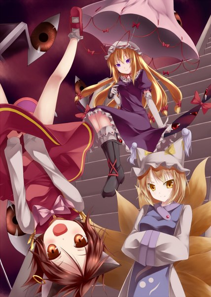 Anime picture 1000x1400 with touhou yakumo yukari yakumo ran chen sakura yuuya long hair tall image short hair blonde hair brown hair sitting purple eyes multiple girls animal ears yellow eyes japanese clothes cat ears cat girl orange eyes fox ears