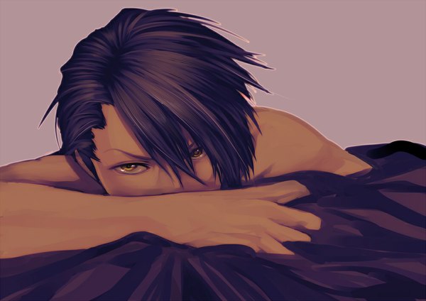 Anime picture 1000x707 with tiger & bunny sunrise (studio) kaburagi t. kotetsu looking at viewer short hair black hair bare shoulders yellow eyes lying brown background boy bed blanket