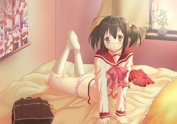 Anime picture 3637x2550 with to heart yuzuhara konomi haihovothan single highres short hair light erotic red eyes brown hair twintails absurdres pink eyes short twintails girl uniform underwear panties school uniform socks bed