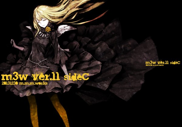 Anime picture 1668x1168 with original miwa shirow single long hair blonde hair simple background eyes closed wind inscription black background pale skin girl dress flower (flowers) black dress