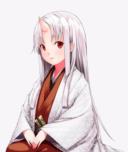 Anime picture 1024x1219 with shiro shougun single long hair tall image looking at viewer blush fringe simple background smile red eyes sitting silver hair white hair long sleeves traditional clothes japanese clothes horn (horns) pointy ears wide sleeves pink background