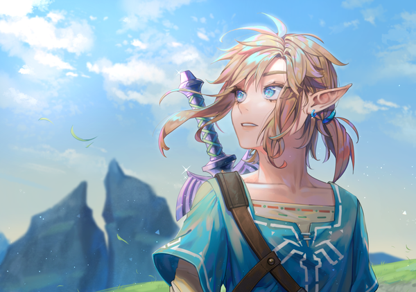 Anime picture 2953x2079 with the legend of zelda the legend of zelda: breath of the wild nintendo link tamaki599 single highres short hair blue eyes blonde hair looking away sky cloud (clouds) upper body outdoors wind pointy ears sparkle turning head low ponytail