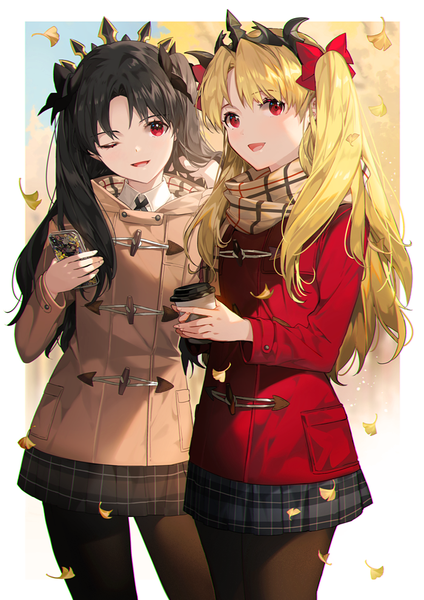 Anime picture 700x990 with fate (series) fate/grand order ishtar (fate) ereshkigal (fate) flowerchorus long hair tall image looking at viewer blush fringe open mouth black hair blonde hair smile red eyes standing multiple girls head tilt :d two side up