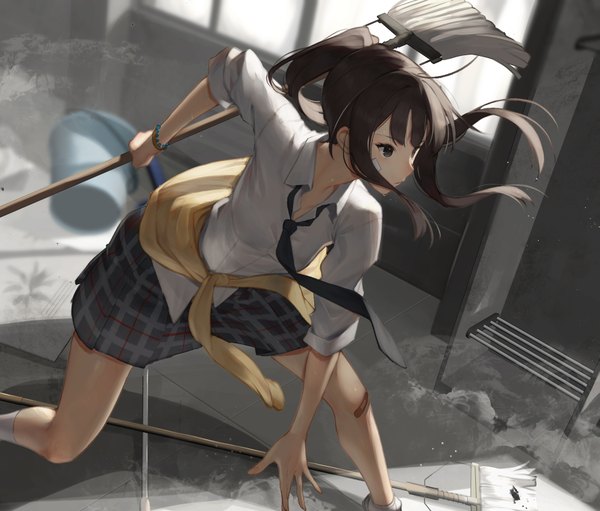 Anime picture 1779x1518 with original scottie (phantom2) single long hair fringe highres brown hair standing holding brown eyes payot looking away ponytail indoors pleated skirt floating hair plaid skirt open collar twisty sleeves clothes around waist