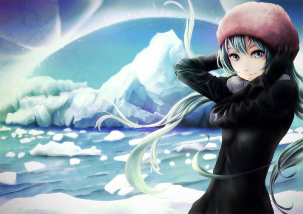 Anime picture 1771x1254 with vocaloid hatsune miku museum2088 single looking at viewer highres twintails very long hair aqua eyes aqua hair girl coat cap ice iceberg