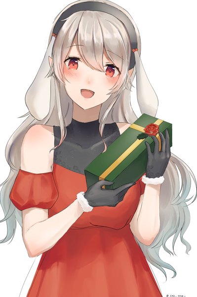 Anime picture 1362x2048 with fire emblem fire emblem heroes fire emblem fates nintendo corrin (fire emblem) corrin (female) (fire emblem) snk anm single long hair tall image looking at viewer blush fringe open mouth simple background smile red eyes standing white background bare shoulders
