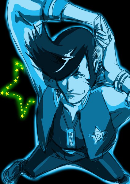 Anime picture 2480x3508 with space dandy studio bones dandy (space dandy) heike gani single tall image looking at viewer fringe highres short hair black hair simple background smile from above hair over one eye adjusting hair black background hairdressing pompadour hair brushing