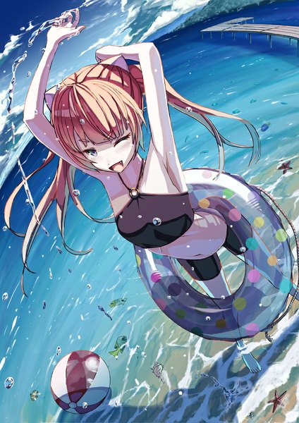 Anime picture 707x1000 with umi monogatari zexcs urin (umi monogatari) 108tooya single long hair tall image blush fringe open mouth blonde hair standing twintails bare shoulders animal ears sky cloud (clouds) one eye closed barefoot wink