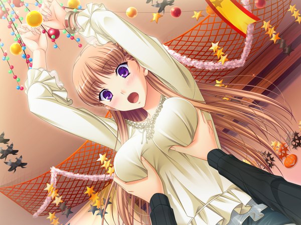Anime picture 1600x1200 with walkure romanze noel marres ascot komori kei long hair blush fringe breasts open mouth light erotic brown hair large breasts purple eyes game cg arms up from below embarrassed hand on chest breast grab halloween girl