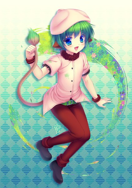 Anime picture 849x1200 with original sasori gatame (krizpi) single tall image blush short hair open mouth blue eyes smile animal ears tail animal tail green hair girl bracelet belt fur pants cap