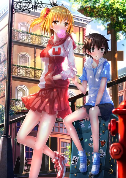 Anime picture 1102x1560 with kagerou project shaft (studio) kisaragi momo amamiya hibiya swordsouls tall image blush short hair black hair blonde hair sitting brown eyes black eyes one side up hands in pockets girl boy skirt shoes jacket