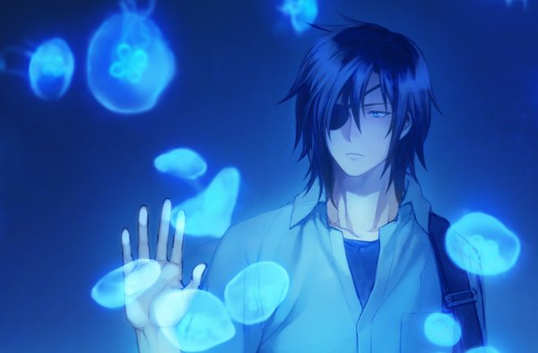 Anime picture 1087x714 with sengoku basara production i.g date masamune tkr (lovedelic99) single short hair blue eyes boy shirt eyepatch jellyfish