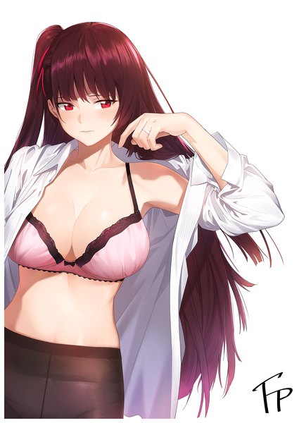 Anime picture 2125x3000 with girls frontline wa2000 (girls frontline) fpanda single long hair tall image looking at viewer blush fringe highres breasts light erotic simple background hair between eyes red eyes brown hair large breasts standing white background signed