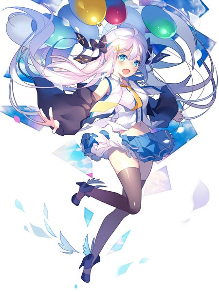 Anime picture 750x1000 with original rie (reverie) single tall image looking at viewer blush open mouth blue eyes white hair very long hair girl thighhighs dress bow black thighhighs detached sleeves necktie balloon