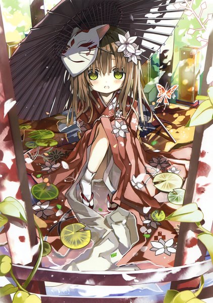 Anime picture 2323x3300 with original eshi 100-nin ten shino (eefy) single long hair tall image looking at viewer highres open mouth brown hair green eyes traditional clothes japanese clothes scan loli mask on head girl petals water socks