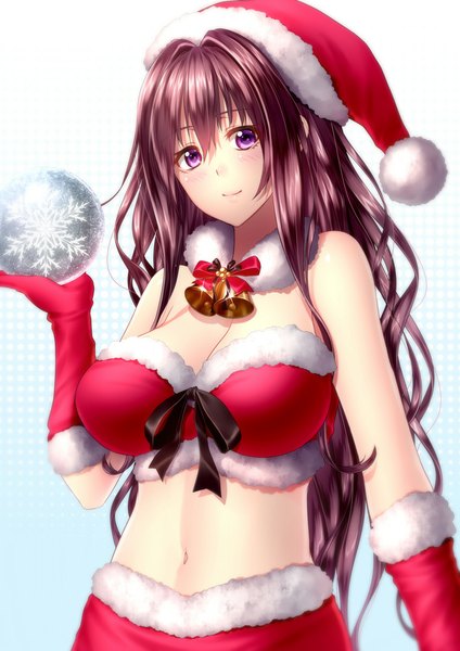 Anime picture 707x1000 with original kai (link2262) single long hair tall image blush breasts light erotic smile large breasts purple eyes bare shoulders purple hair midriff fur trim christmas girl gloves navel fur