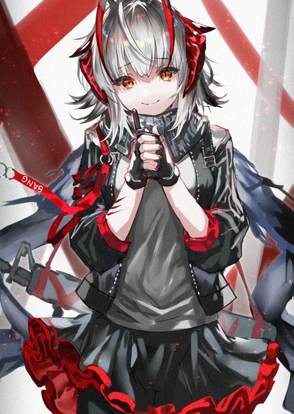 Anime-Bild 855x1200 mit arknights w (arknights) ranou single tall image looking at viewer fringe short hair hair between eyes standing brown eyes payot silver hair ahoge nail polish multicolored hair fingernails open jacket two-tone hair shaded face
