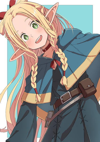 Anime picture 1158x1637 with dungeon meshi studio trigger marcille donato neko (hansinn) single long hair tall image looking at viewer open mouth simple background blonde hair green eyes braid (braids) :d pointy ears teeth leaning twin braids blue background girl
