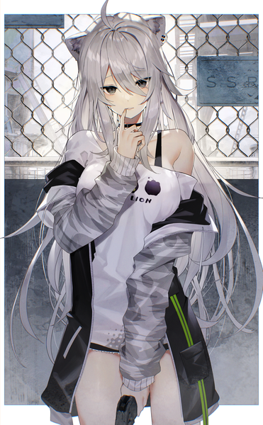 Anime picture 1544x2500 with virtual youtuber hololive shishiro botan shishiro botan (4th costume) scottie (phantom2) single long hair tall image looking at viewer fringe breasts hair between eyes standing holding animal ears silver hair ahoge long sleeves parted lips off shoulder