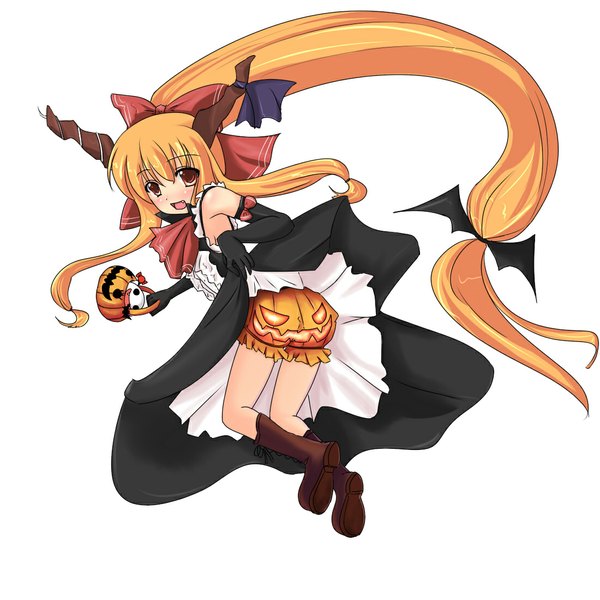 Anime picture 1100x1100 with touhou ibuki suika mizukiryan single simple background blonde hair white background yellow eyes full body ponytail very long hair horn (horns) fang (fangs) skirt lift halloween girl skirt gloves bow ribbon (ribbons)