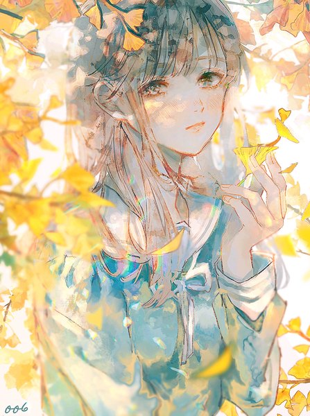Anime picture 2971x3992 with original orokudesu single long hair tall image looking at viewer blush highres brown hair holding signed upper body girl uniform serafuku leaf (leaves) autumn leaves ginkgo