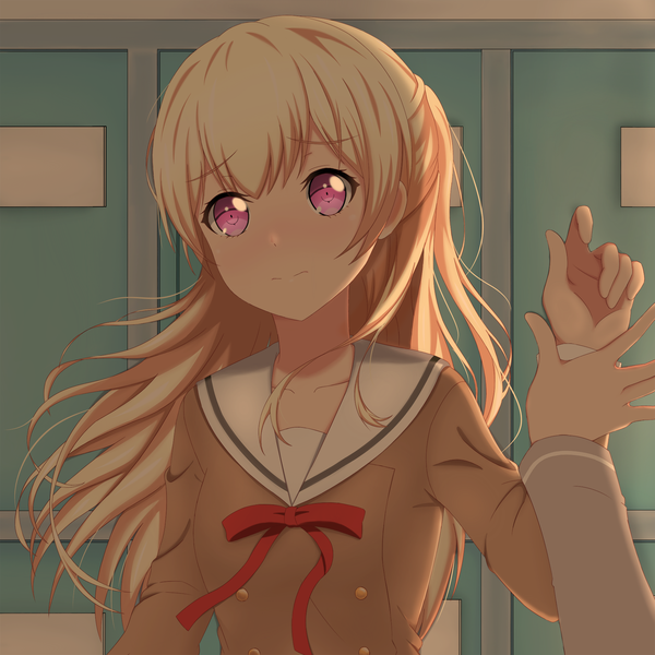 Anime picture 1920x1920 with bang dream! shirasagi chisato reneua long hair looking at viewer blush fringe highres blonde hair hair between eyes standing payot upper body indoors long sleeves pink eyes arm up shadow floating hair light