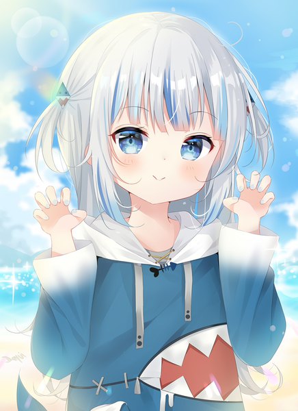 Anime picture 945x1300 with virtual youtuber hololive hololive english gawr gura gawr gura (1st costume) deyui single long hair tall image looking at viewer blush blue eyes smile sky silver hair cloud (clouds) upper body outdoors loli two side up