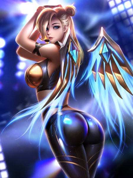 Anime picture 3000x4000 with league of legends overwatch blizzard entertainment k/da (league of legends) mercy (overwatch) kai'sa k/da kai'sa liang xing single long hair tall image looking at viewer fringe highres breasts blue eyes light erotic blonde hair hair between eyes standing