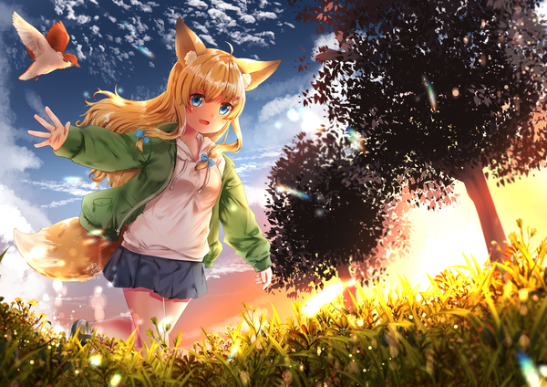 Anime picture 2000x1414 with original michiru donut single long hair looking at viewer fringe highres open mouth blue eyes blonde hair smile hair between eyes standing signed animal ears sky cloud (clouds) ahoge outdoors tail