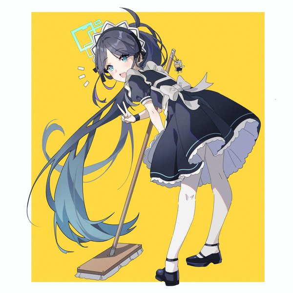 Anime picture 1250x1250 with blue archive aris (blue archive) aris (maid) (blue archive) hoshiko (419401x) single open mouth blue eyes black hair simple background full body ponytail very long hair :d maid leaning leaning forward official alternate costume border victory yellow background