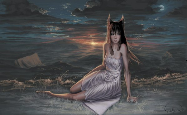 Anime picture 1920x1183 with original matariil (artist) single long hair fringe highres brown hair wide image sitting bare shoulders signed animal ears sky cloud (clouds) barefoot arm support bare legs grey eyes legs evening