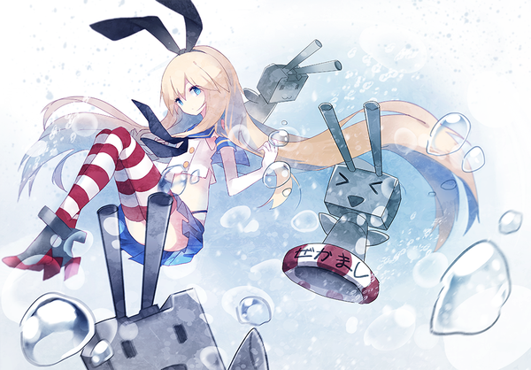 Anime picture 1000x698 with kantai collection shimakaze destroyer rensouhou-chan cuivre looking at viewer blue eyes blonde hair very long hair zettai ryouiki underwater :3 > < girl thighhighs skirt gloves underwear panties ribbon (ribbons) hair ribbon