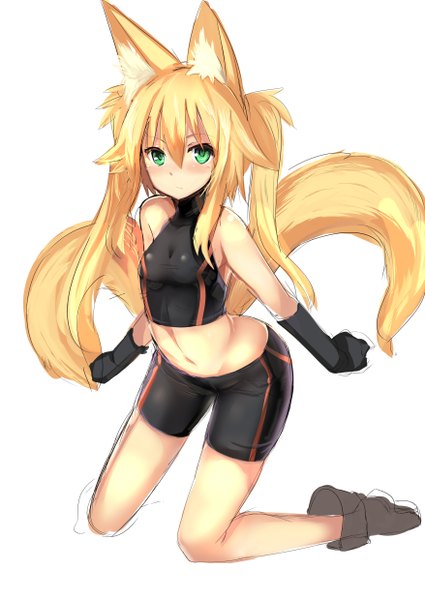 Anime picture 1756x2479 with original haik single long hair tall image looking at viewer blush highres simple background blonde hair white background twintails bare shoulders animal ears bent knee (knees) tail animal tail aqua eyes bare belly leaning