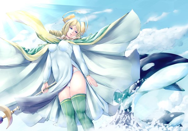 Anime picture 1649x1150 with fire emblem fire emblem awakening nintendo emerina (fire emblem) harihisa single long hair blue eyes light erotic blonde hair looking away cloud (clouds) pantyshot legs facial mark drill hair girl thighhighs dress underwear