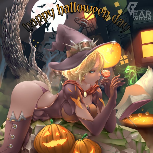Anime-Bild 1500x1500 mit overwatch blizzard entertainment mercy (overwatch) witch mercy bearwitch single looking at viewer short hair breasts light erotic blonde hair large breasts holding signed outdoors ass lying realistic night night sky