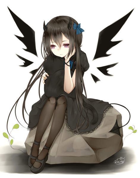 Anime picture 1572x2000 with original chita (ketchup) single long hair tall image fringe black hair simple background white background sitting purple eyes signed looking away full body tail horn (horns) shadow demon girl demon tail black wings