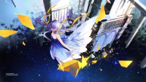 Anime picture 2646x1488 with vocaloid xingchen swd3e2 single long hair fringe highres wide image bare shoulders signed purple hair eyes closed from above watermark spread arms ruins girl dress ribbon (ribbons) hair ribbon