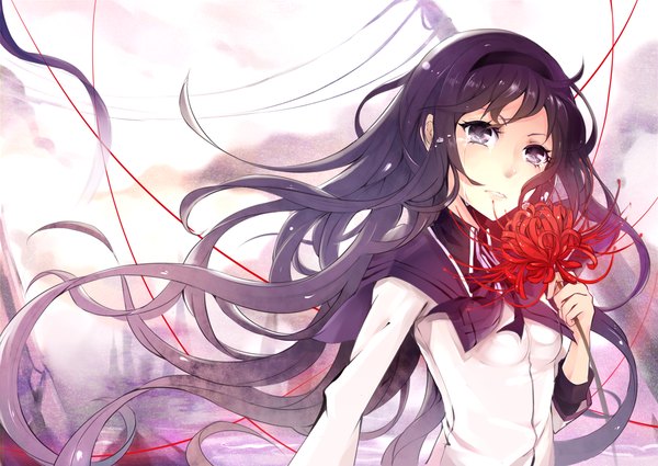 Anime picture 1200x851 with mahou shoujo madoka magica shaft (studio) akemi homura hana's (sora no kioku) single long hair purple eyes purple hair tears crying girl hairband thread higanbana red thread