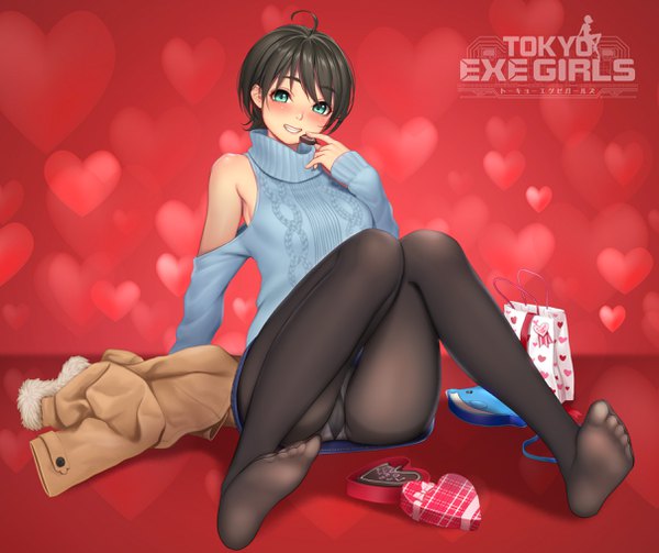 Anime picture 2416x2028 with tokyo exe girls masami chie single looking at viewer blush highres short hair blue eyes light erotic black hair bare shoulders ahoge pantyshot no shoes legs copyright name pantyshot sitting valentine girl underwear