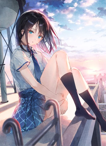 Anime picture 1982x2734 with original dsmile single tall image looking at viewer blush fringe highres short hair open mouth blue eyes black hair hair between eyes sitting sky cloud (clouds) full body bent knee (knees) outdoors head tilt