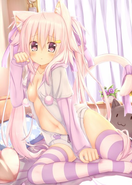 Anime picture 1500x2100 with original wataru (zazazazazazawa) single long hair tall image blush light erotic blonde hair animal ears pink eyes cat ears open clothes cat girl cat tail open shirt girl thighhighs navel ribbon (ribbons) hair ribbon