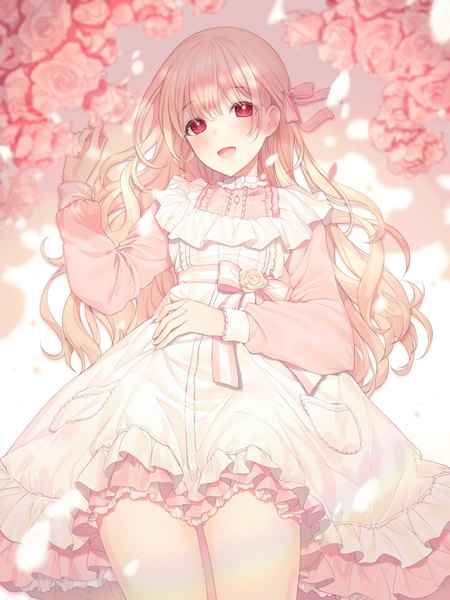 Anime picture 1500x2000 with original a20 (atsumaru) single long hair tall image looking at viewer blush fringe open mouth smile hair between eyes pink hair lying long sleeves :d from above from behind blurry on back thighs