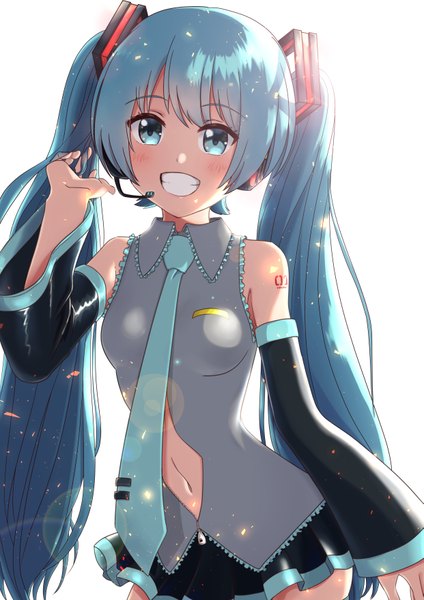 Anime picture 4961x7016 with vocaloid hatsune miku tatyaoekaki single long hair tall image looking at viewer blush fringe highres blue eyes simple background smile standing white background twintails bare shoulders absurdres pleated skirt wide sleeves