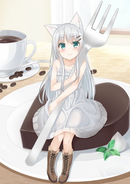 Anime picture 1254x1770 with original cacao (chocolat) single long hair tall image blush fringe smile sitting bare shoulders holding green eyes animal ears looking away silver hair bent knee (knees) tail head tilt animal tail from above