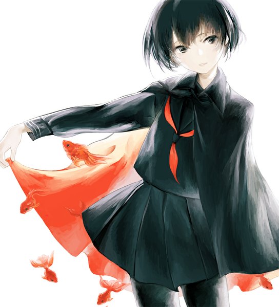 Anime picture 800x882 with original tomal single tall image looking at viewer fringe short hair open mouth black hair simple background standing white background pleated skirt black eyes girl skirt uniform school uniform animal pantyhose
