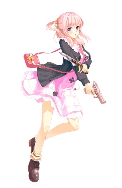 Anime picture 4000x6171 with original kyaro (kyaro54) single long hair tall image looking at viewer blush highres simple background white background purple eyes pink hair absurdres girl dress weapon gun bag knife